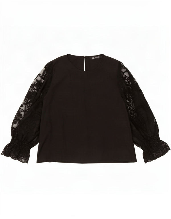 Blusa feminina de manga comprida Zara UK 14 poliéster preto médio