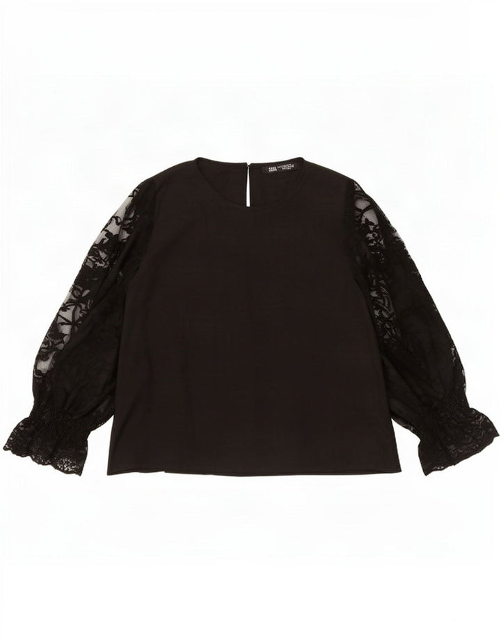 Blusa feminina de manga comprida Zara UK 14 poliéster preto médio
