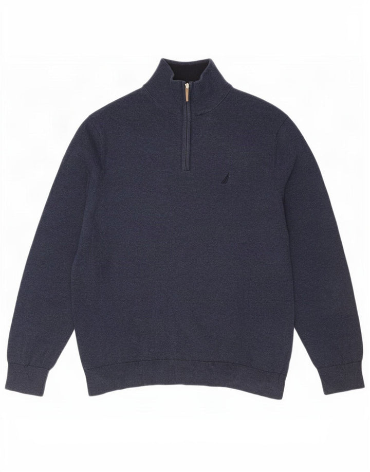 Suéter masculino Nautica com zíper e gola grande de algodão azul marinho