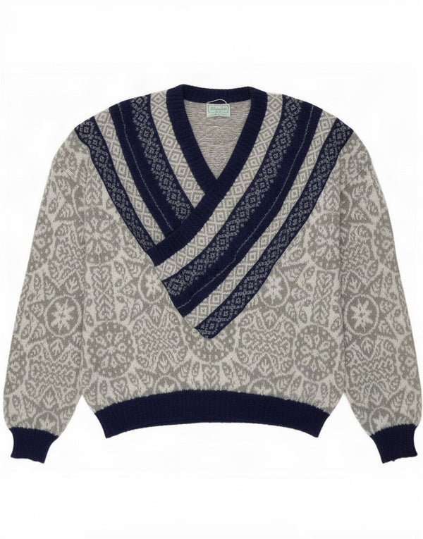 Suéter feminino Benetton com decote em V UK 18 XL cinza geométrico