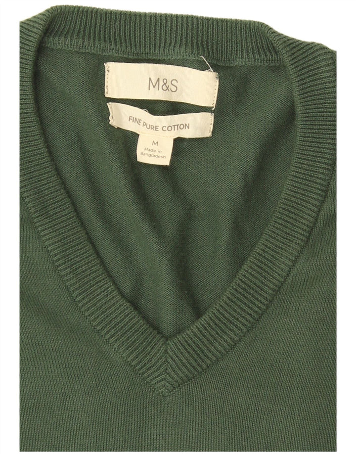 Suéter masculino Marks & Spencer com decote em V, algodão verde médio