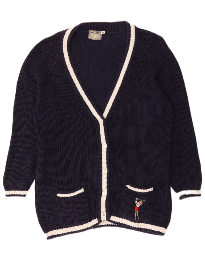 Suéter cardigã feminino vintage grande Reino Unido 14 algodão azul marinho médio