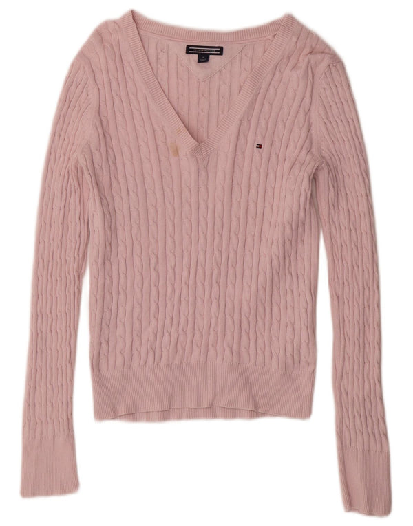 Suéter feminino Tommy Hilfiger com decote em V Reino Unido 12 algodão rosa médio
