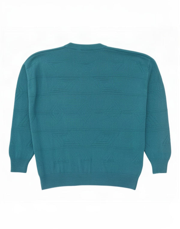 Suéter masculino vintage com decote em V UK 46 XL azul geométrico acrílico