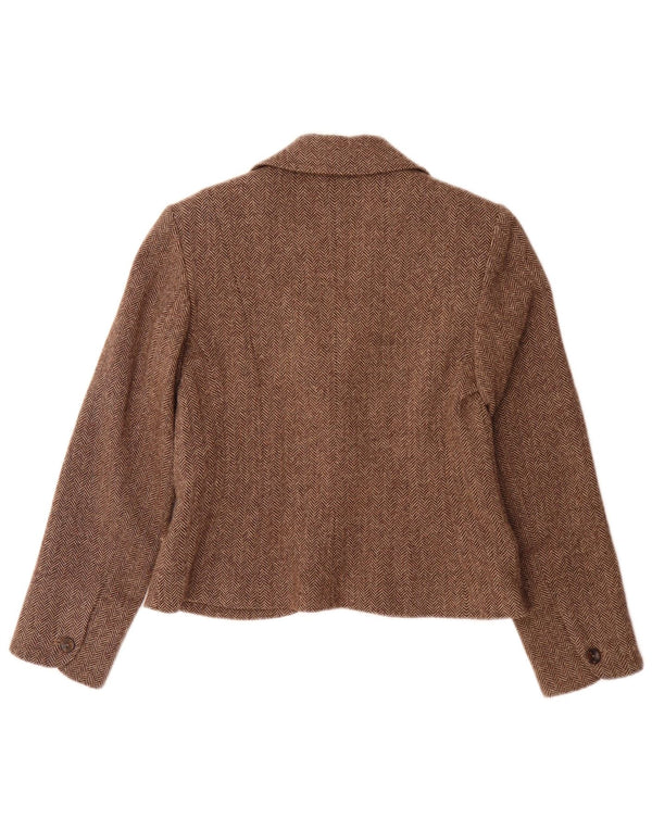 Jaqueta blazer feminina Monsoon com 2 botões Reino Unido 12 lã espinha de peixe marrom médio