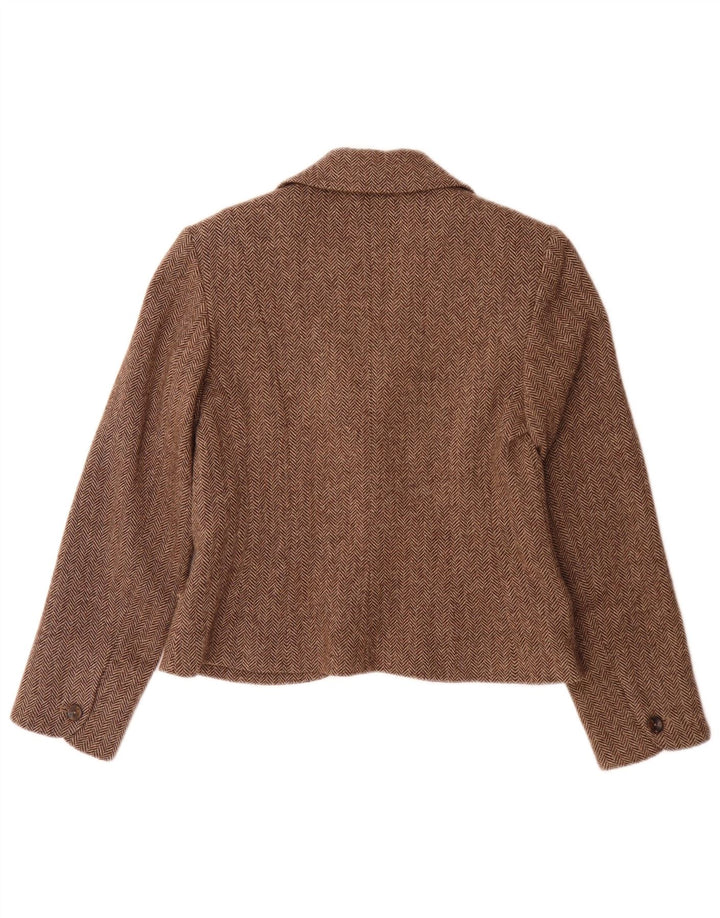 Jaqueta blazer feminina Monsoon com 2 botões Reino Unido 12 lã espinha de peixe marrom médio