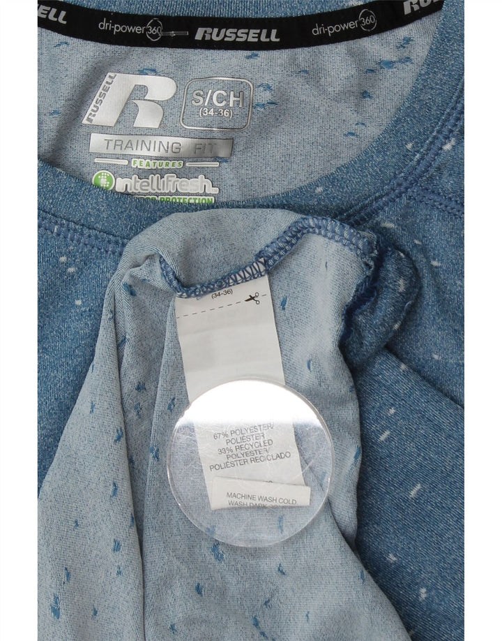 Camiseta masculina RUSSELL ATLÉTICA Dri-Power, pequena, azul, manchada, poliéster