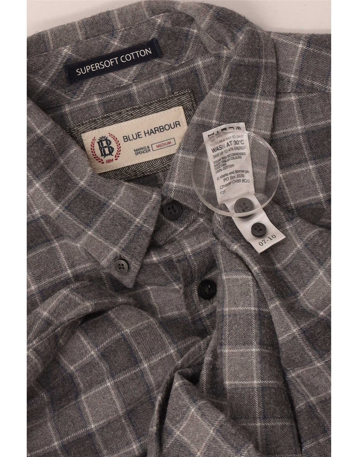 Camisa masculina de flanela Blue Harbor da Marks & Spencer, algodão xadrez cinza médio