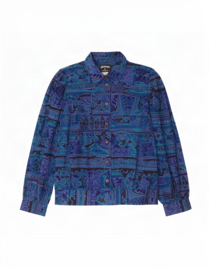 Blusa feminina de manga comprida com padrão abstrato Stitches US 12 grande azul