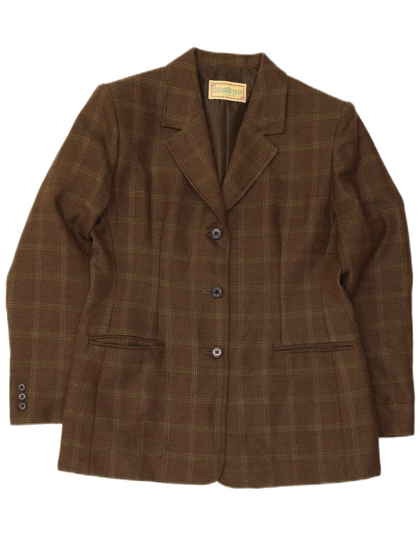 Elizabeth Ascot Jaqueta blazer feminina de 3 botões EUA 18 2XL lã xadrez cáqui