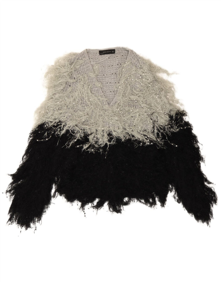 Zara Suéter feminino oversized com decote em V Reino Unido 14 bloco colorido preto médio