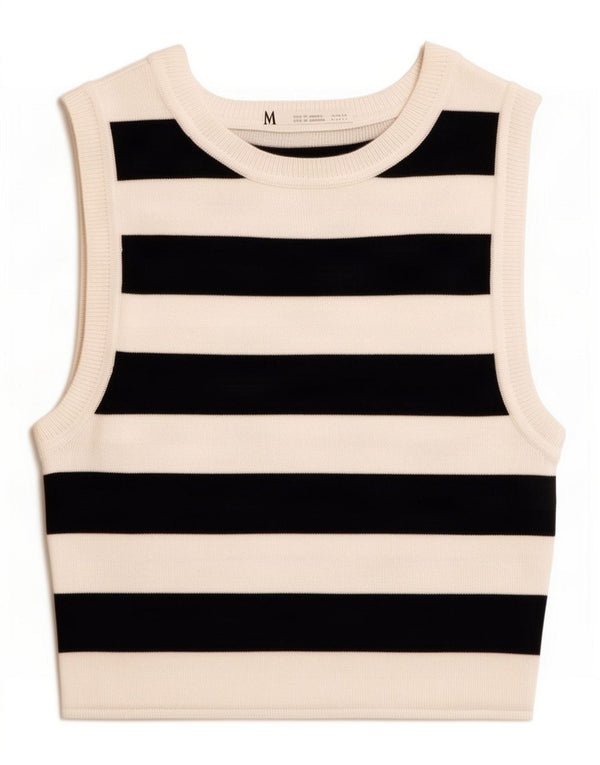 Zara Womens Crop Vest Top UK 8 Pequeno Listrado Branco Viscose
