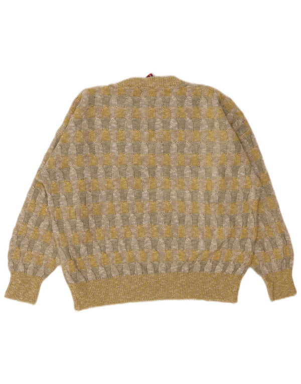 Suéter feminino vintage com decote em V UK 18 XL linho geométrico amarelo