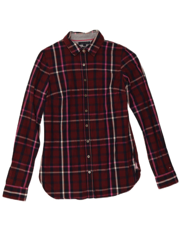 Camisa justa feminina Tommy Hilfiger EUA 4 pequena algodão xadrez borgonha