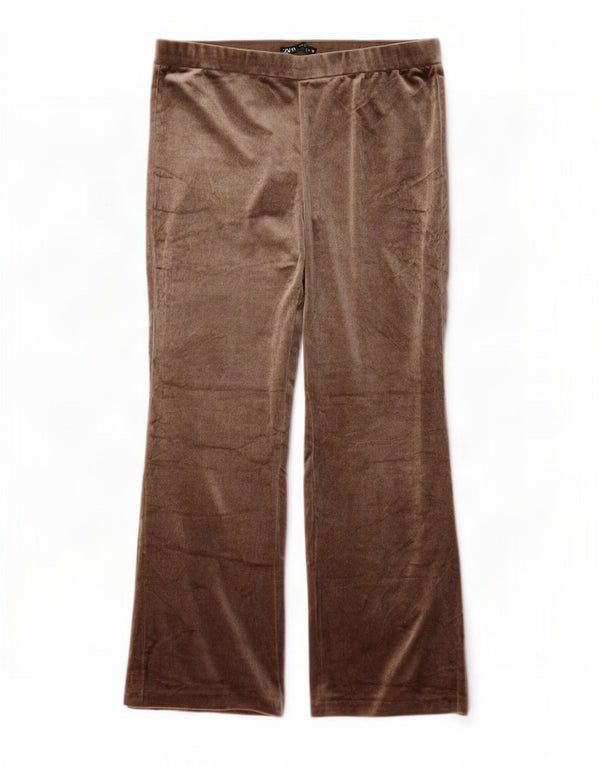 Calça feminina Zara Flare Velour Tracksuit UK 20 2XL Marrom Poliéster