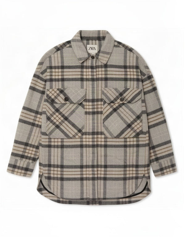 Zara Camiseta feminina de flanela UK 6 XS cinza xadrez poliéster