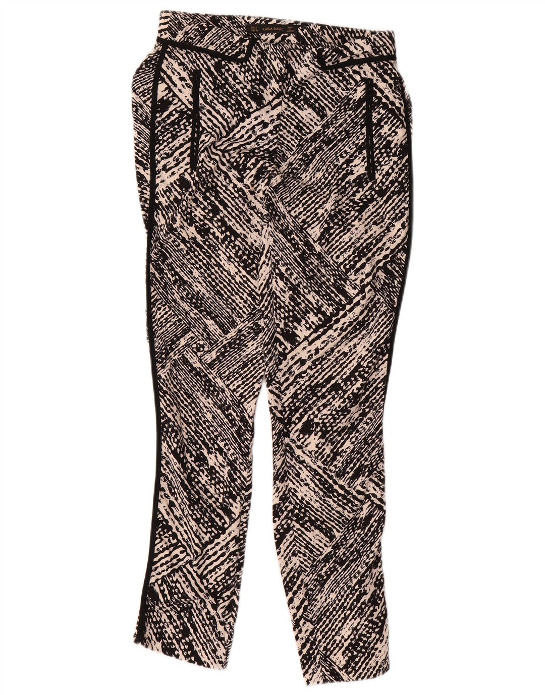 Calça feminina Zara com estampa abstrata slim casual pequena W26 L27 preta