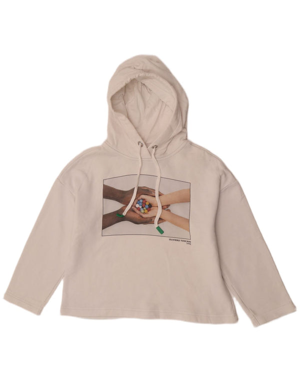 Suéter feminino com capuz gráfico oversized Benetton Reino Unido 10 pequeno algodão branco