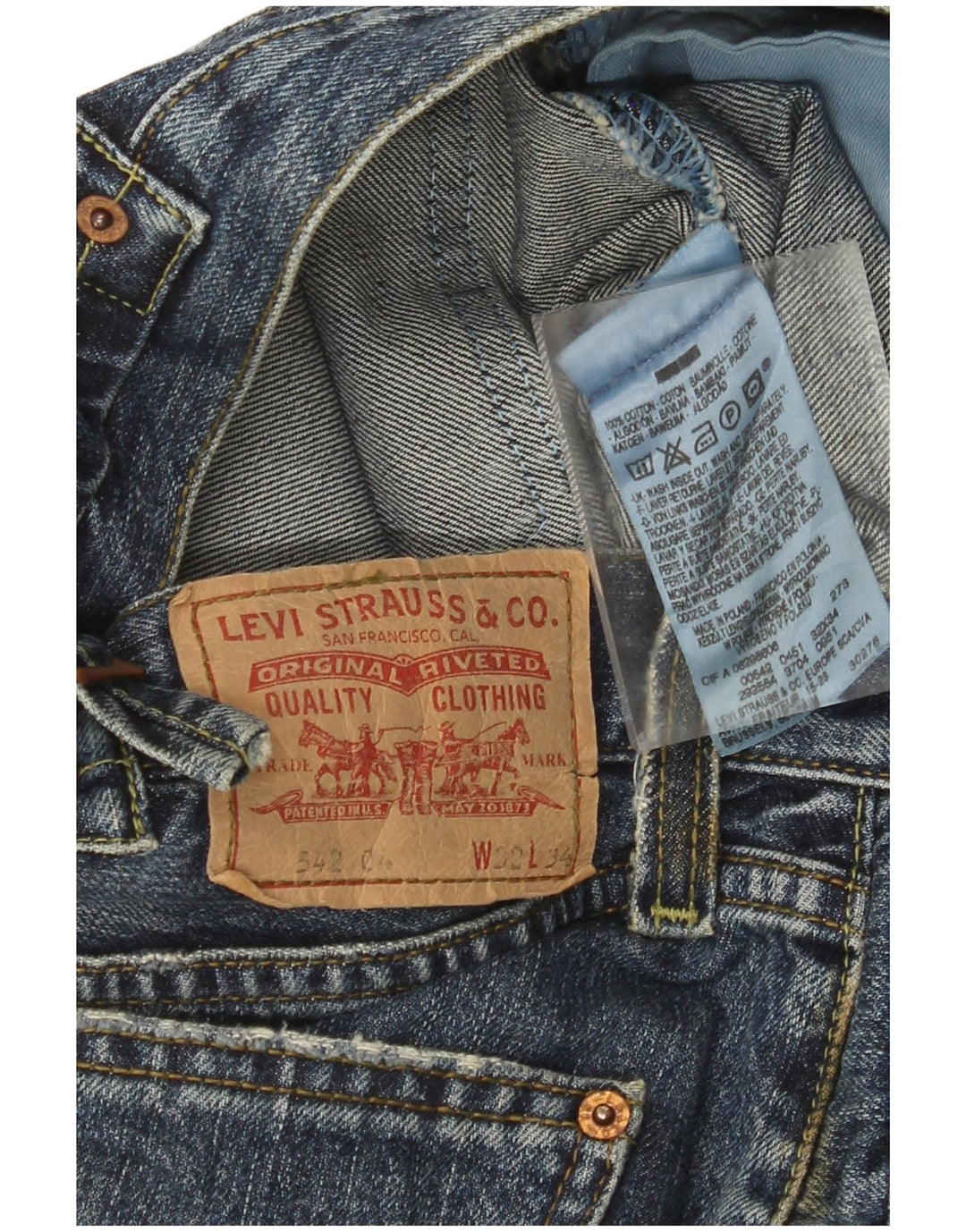 Calça jeans masculina Levi's 542 Distressed Bootcut W32 L34 azul algodão