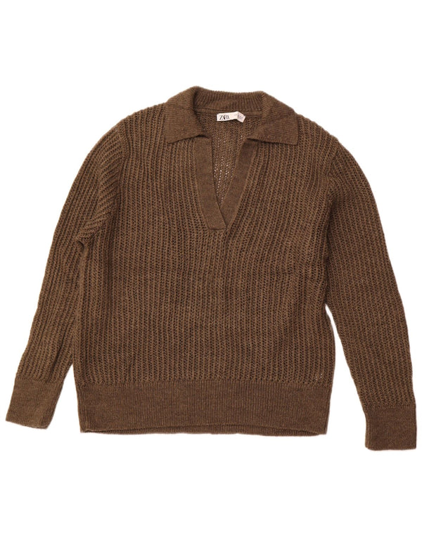 Suéter feminino ZARA com gola polo UK 18 XL marrom acrílico