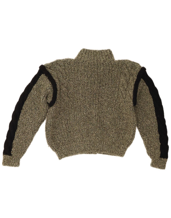Suéter cardigan feminino vintage Reino Unido 12 algodão colorblock cáqui médio