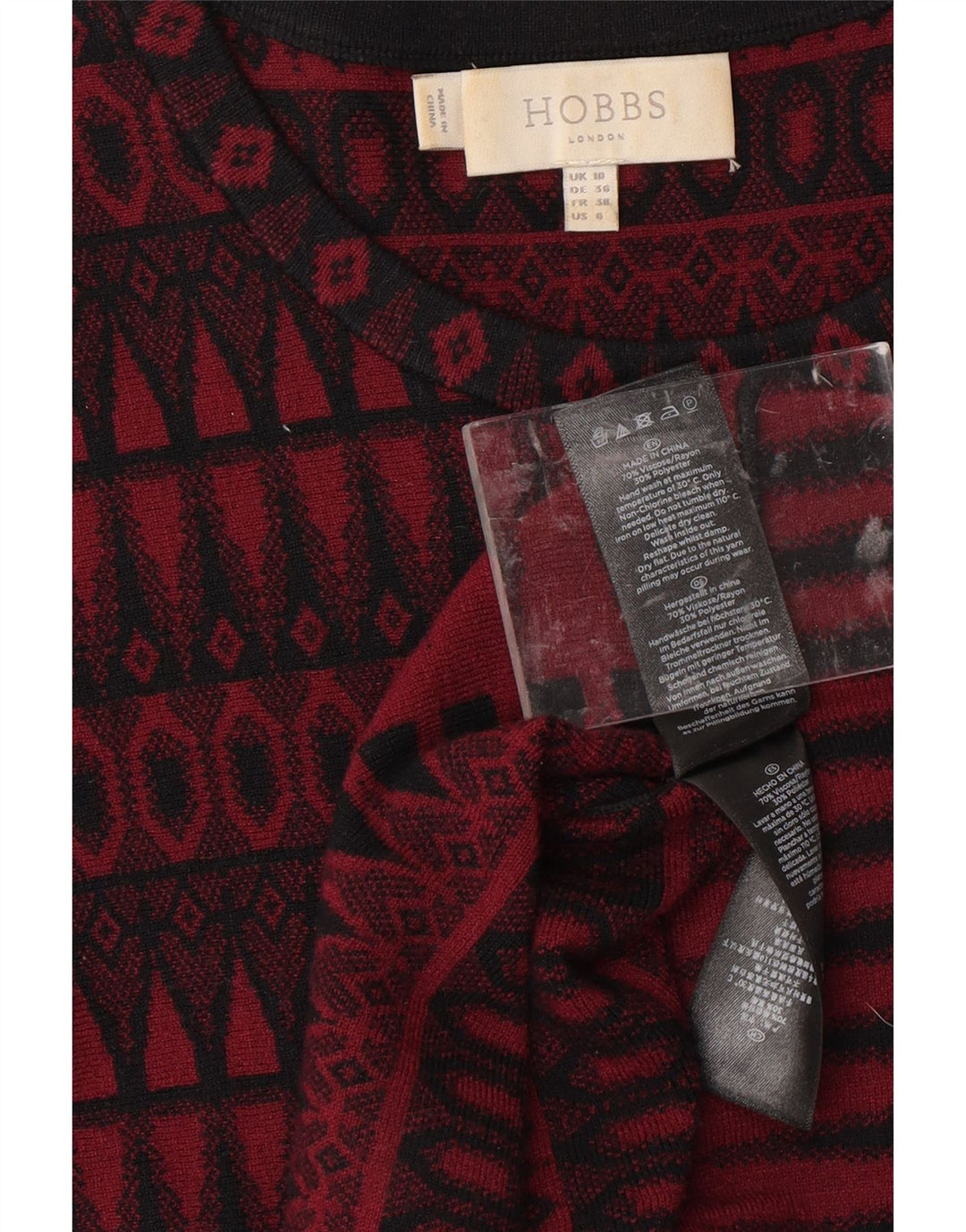 HOBBS Vestido feminino manga 3/4 Reino Unido 10 viscose geométrica vermelha pequena