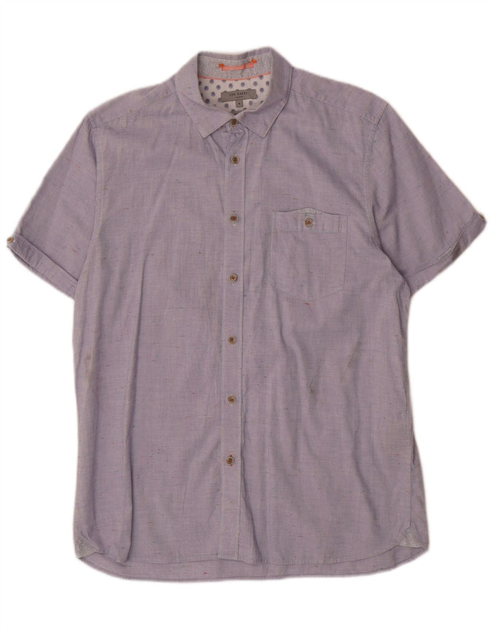 Camisa masculina de manga curta Ted Baker tamanho 4 grande algodão manchado azul
