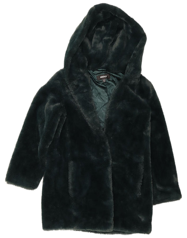 Sobretudo feminino de pele sintética com capuz grande Dkny Reino Unido 6 XS poliéster verde
