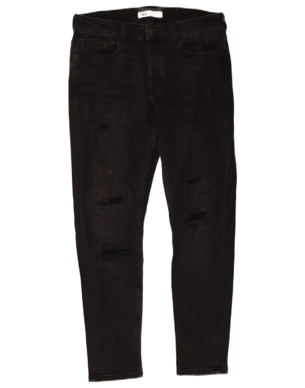 ZARA Jeans skinny masculino desgastado UE 42 grande W32 L28 preto