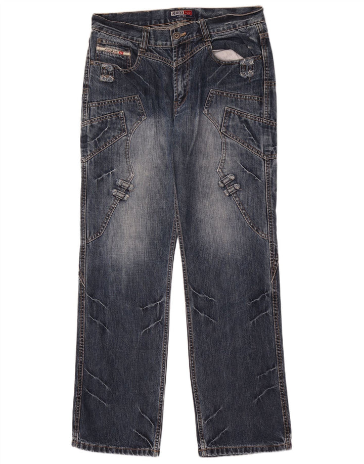 Vintage masculino reto Jeans W32 L32 azul patchwork algodão