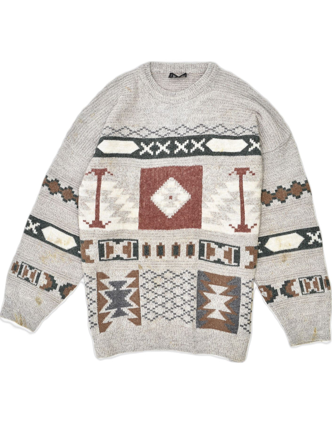VINTAGE Mens Crew Neck Jumper Sweater XL Grey Fair Isle Wool Vintage Vintage and Second-Hand Vintage from Messina Hembry 