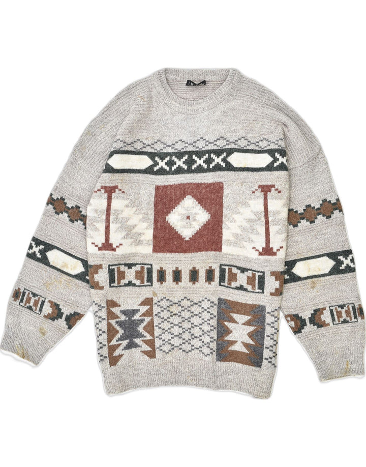 VINTAGE Mens Crew Neck Jumper Sweater XL Grey Fair Isle Wool Vintage Vintage and Second-Hand Vintage from Messina Hembry 