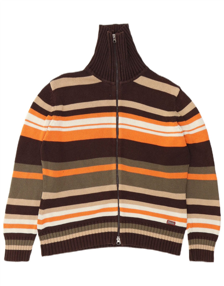 Suéter cardigã feminino VINTAGE Reino Unido 14/16 grande listrado multicolorido