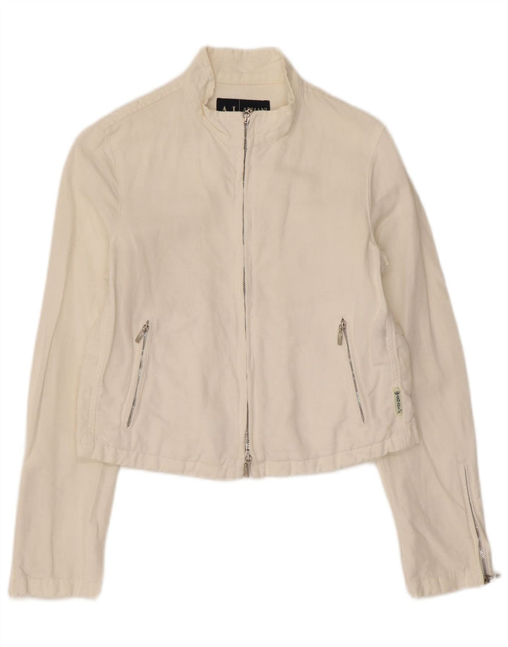 Jaqueta bomber feminina Armani Jeans UK 8 pequena algodão branco
