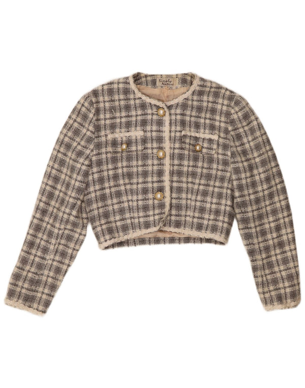 Bolero feminino vintage com 3 botões, jaqueta bolero EU 36 pequeno acrílico xadrez cinza