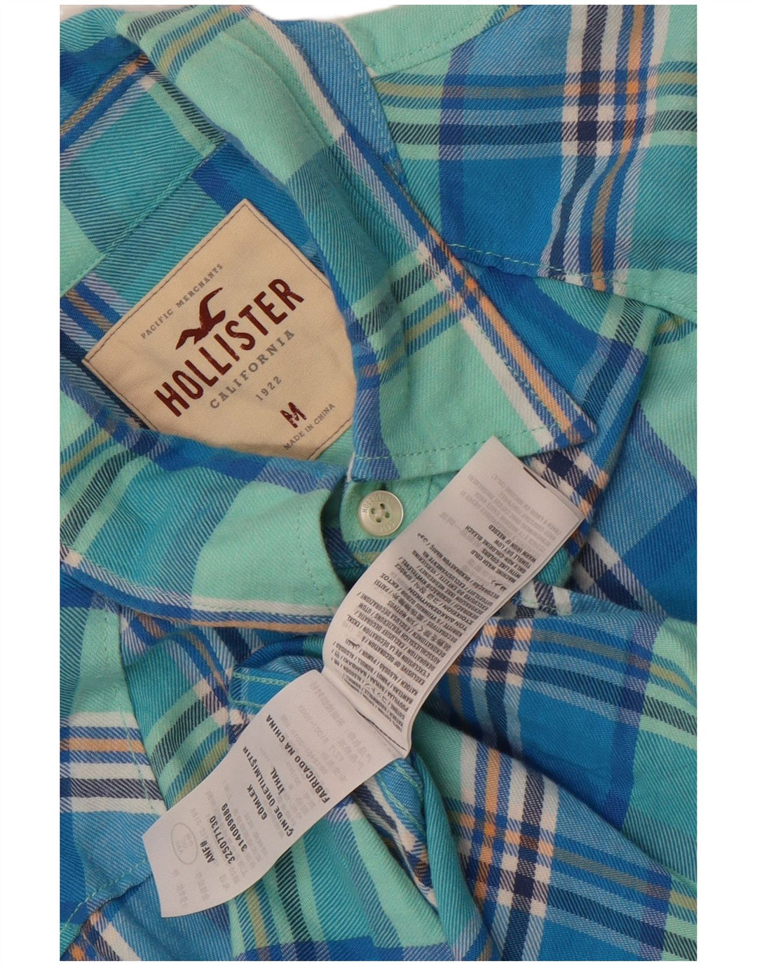 Camisa masculina de flanela Hollister de algodão xadrez azul médio