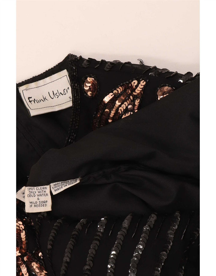 Blusa de noite feminina Frank Usher Top Reino Unido 10 pequena seda preta Paisley