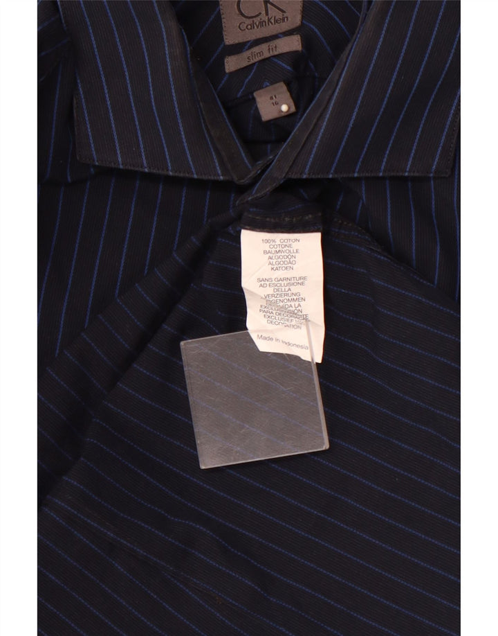 Camisa masculina CALVIN KLEIN Slim Fit tamanho 16 41 grande algodão listrado azul marinho