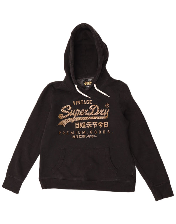 Superdry feminino gráfico moletom com capuz UK 14 grande algodão preto