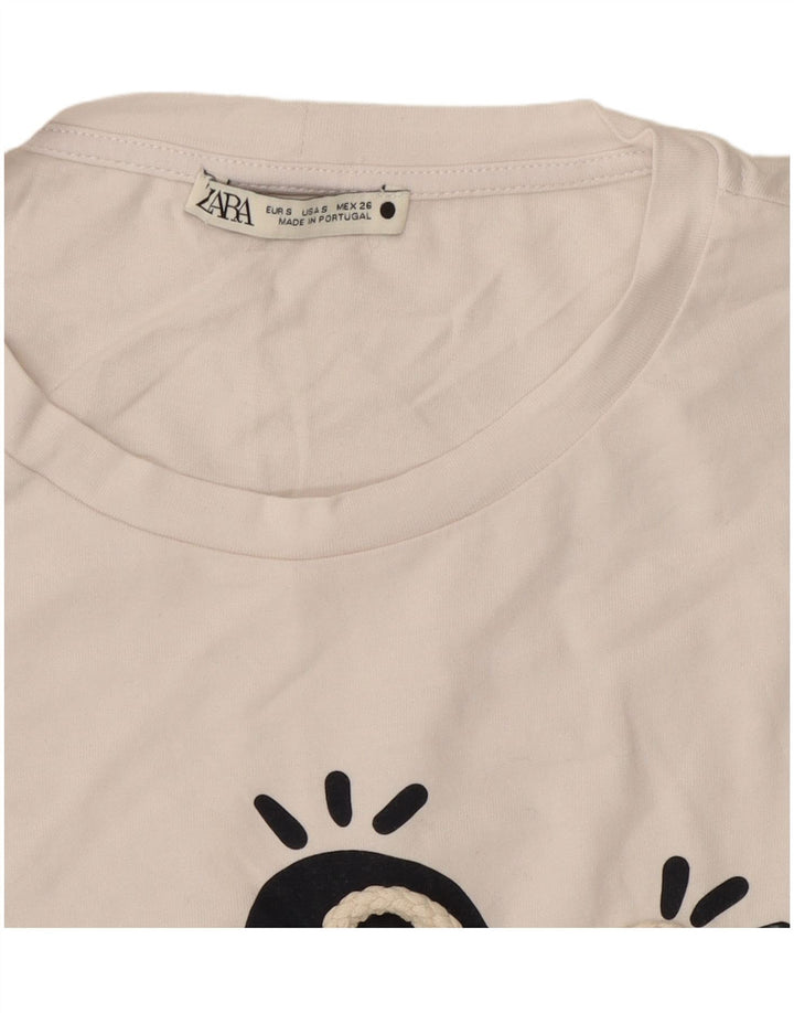 Camiseta feminina gráfica ZARA Top UK 10 pequeno algodão branco