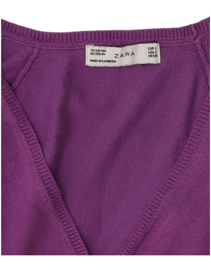 Suéter cardigã feminino ZARA UK 10 pequeno algodão roxo