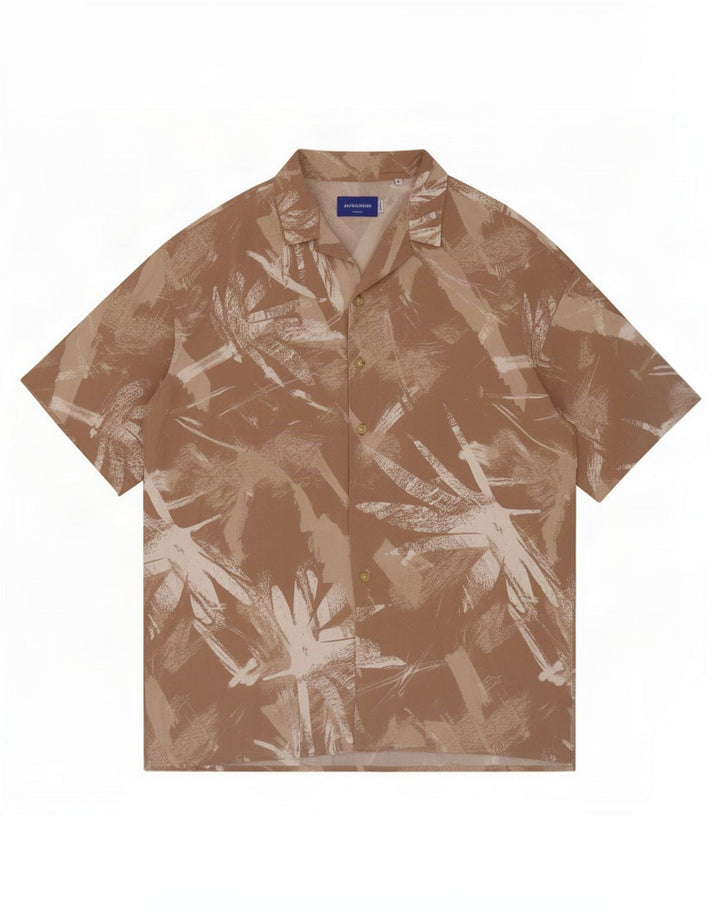 Camisa masculina de manga curta com padrão abstrato Jack & Jones viscose bege médio