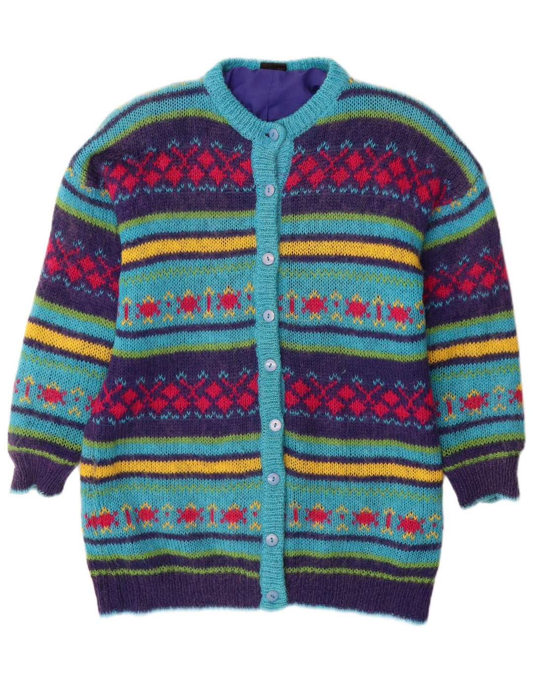 Suéter cardigã feminino vintage UK 14 médio multicolorido Fair Isle