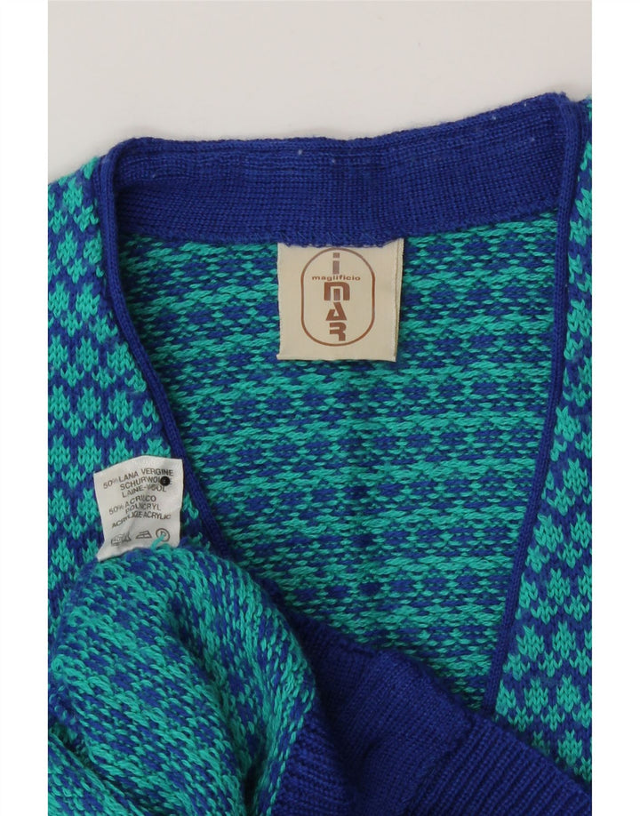 Suéter cardigã feminino vintage Reino Unido 14 lã houndstooth azul médio