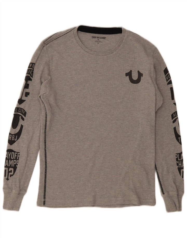 True Religion Mens Gráfico Top Manga Longa Pequeno Algodão Cinza