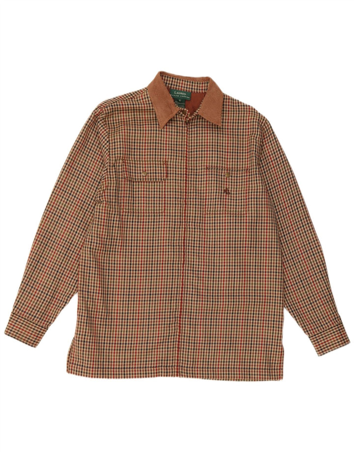 Camisa de flanela feminina Ralph Lauren Reino Unido 14 acetato marrom houndstooth médio