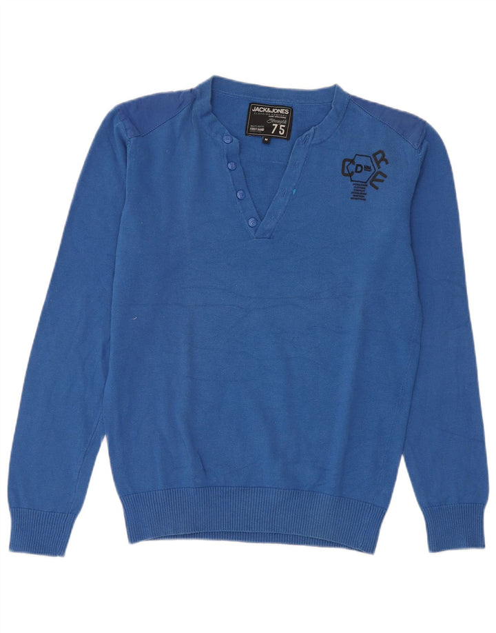 Suéter masculino Jack & Jones com decote em V de algodão azul médio