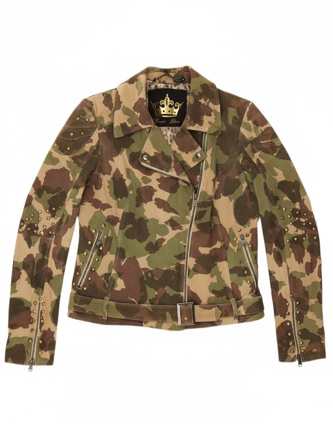 Jaqueta feminina vintage de camurça para motociclista Reino Unido 16 couro camuflado verde grande