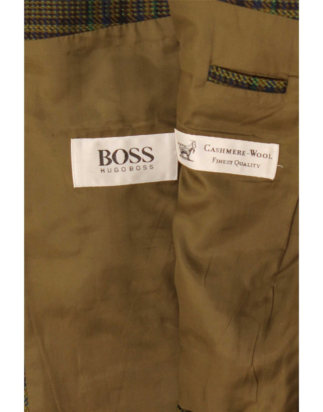Jaqueta blazer masculina de 2 botões Hugo Boss Reino Unido 42 XL caqui xadrez cashmere clássico