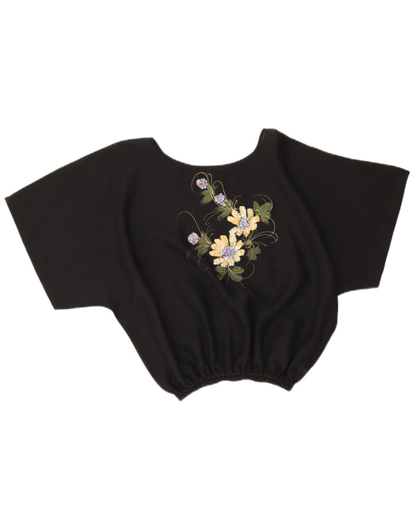 Blusa cropped feminina vintage UK 16 grande poliéster floral preto